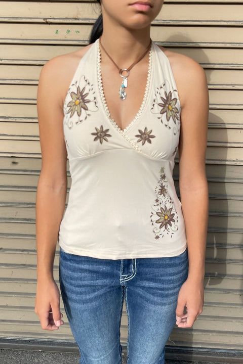 2000s Floral Print Self Tie Surplice Halter Tank Top