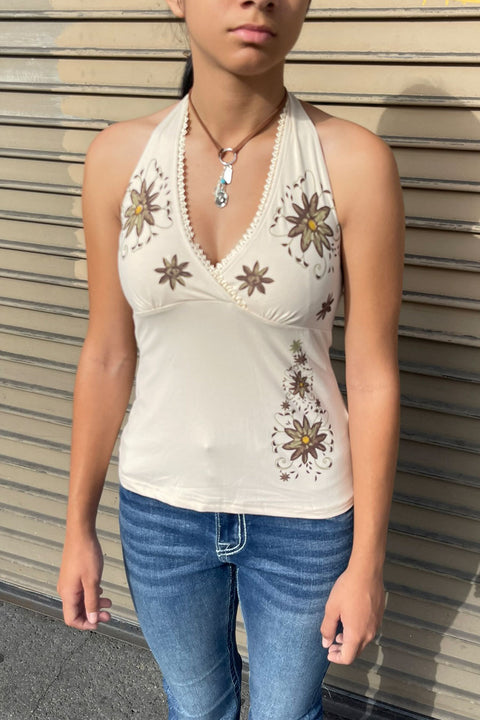 2000s Floral Print Self Tie Surplice Halter Tank Top