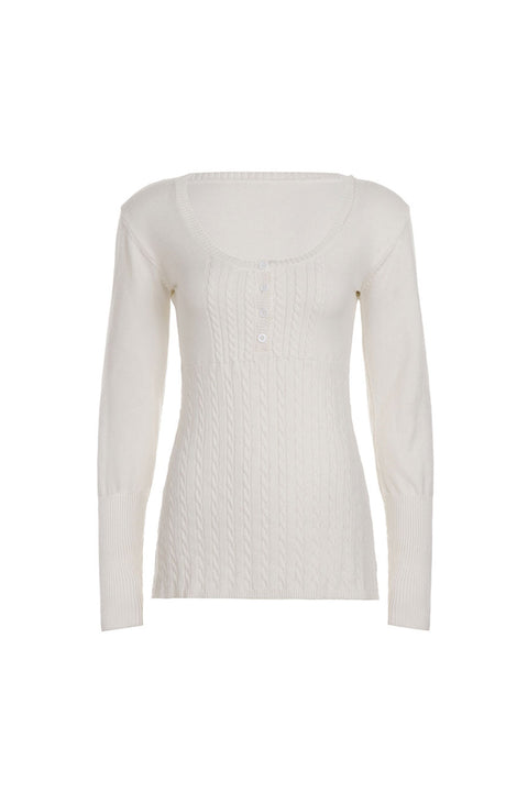 2000s Baby Doll Cable Knit Sweater with Henley Neck Buttons