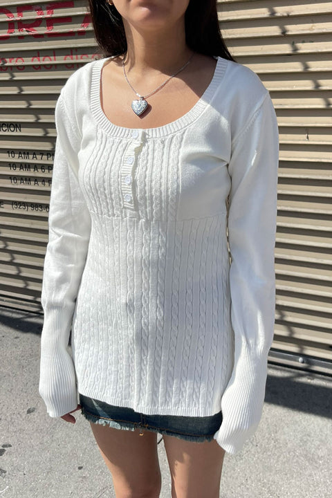 2000s Baby Doll Cable Knit Sweater with Henley Neck Buttons