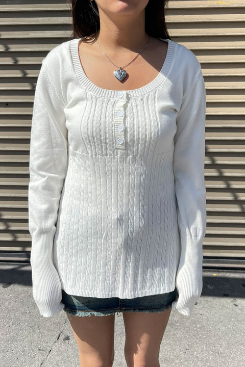 2000s Baby Doll Cable Knit Sweater with Henley Neck Buttons