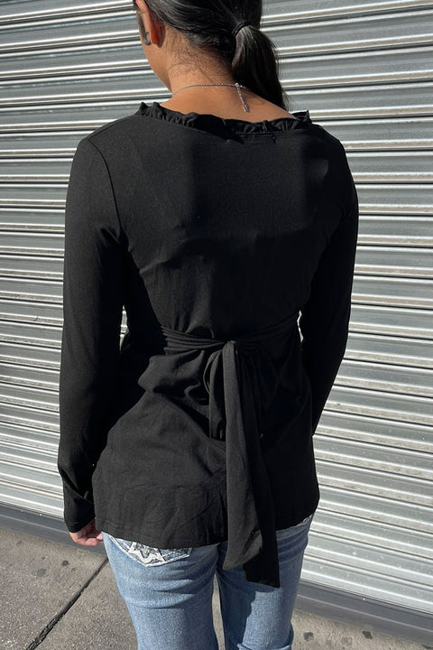 2000s Ruffled V-Neck Long Sleeve Baby Doll Top with Button Detail