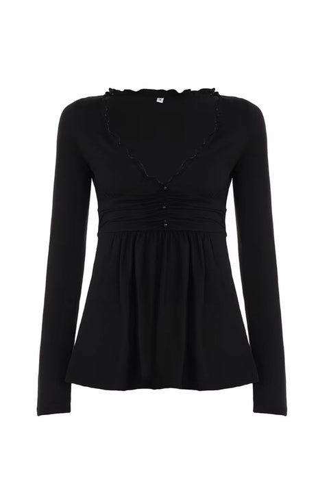 2000s Ruffled V-Neck Long Sleeve Baby Doll Top with Button Detail