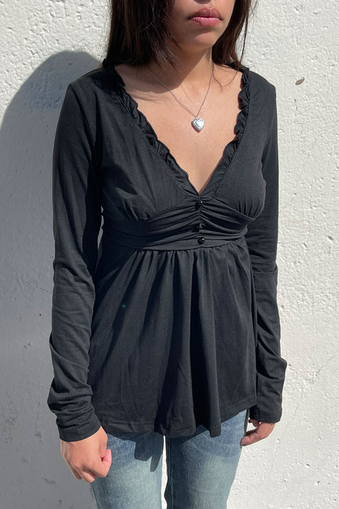 2000s Ruffled V-Neck Long Sleeve Baby Doll Top with Button Detail