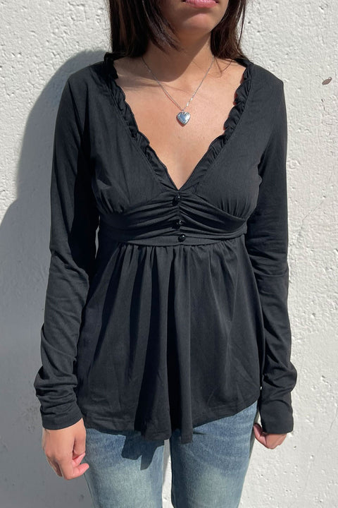 2000s Ruffled V-Neck Long Sleeve Baby Doll Top with Button Detail