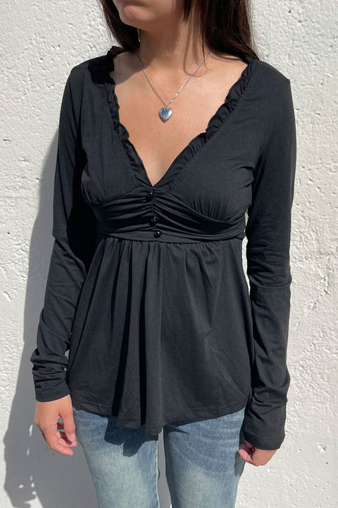 2000s Ruffled V-Neck Long Sleeve Baby Doll Top with Button Detail