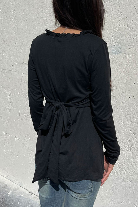 2000s Ruffled V-Neck Long Sleeve Baby Doll Top with Button Detail