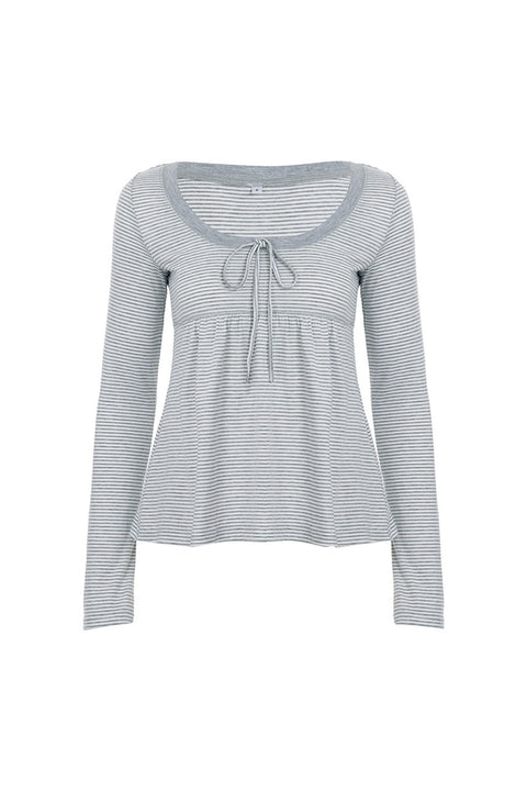 2000s Scoop Neck Long Sleeve Striped Baby Doll Top with Front Tie Strings