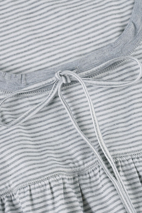 2000s Scoop Neck Long Sleeve Striped Baby Doll Top with Front Tie Strings