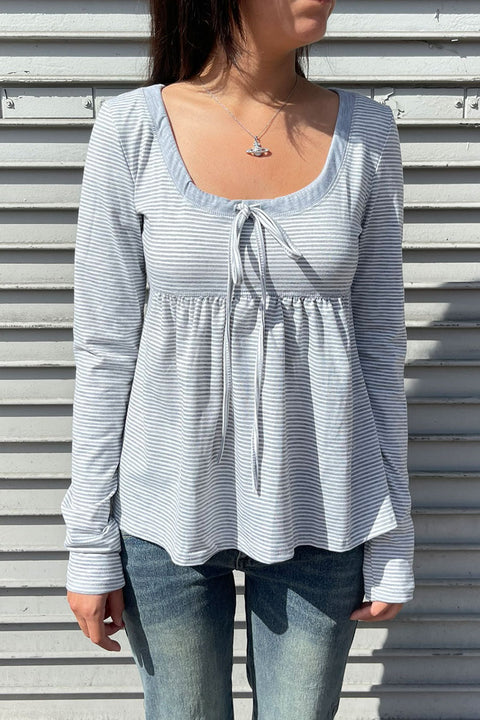 2000s Scoop Neck Long Sleeve Striped Baby Doll Top with Front Tie Strings