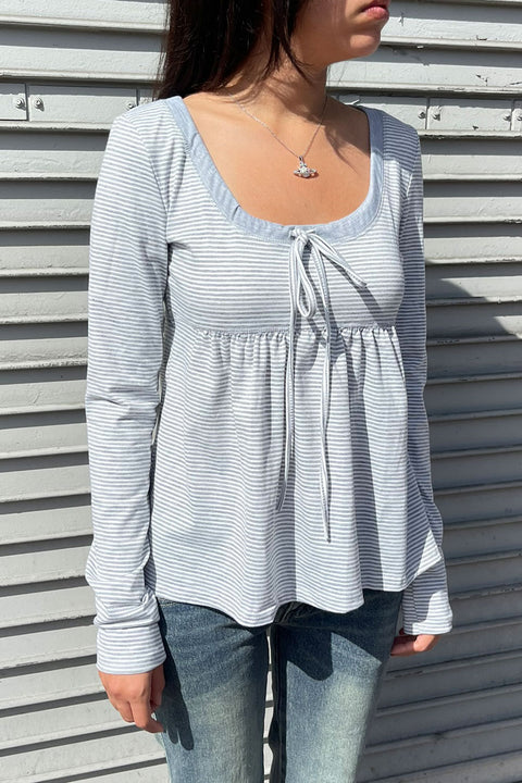 2000s Scoop Neck Long Sleeve Striped Baby Doll Top with Front Tie Strings