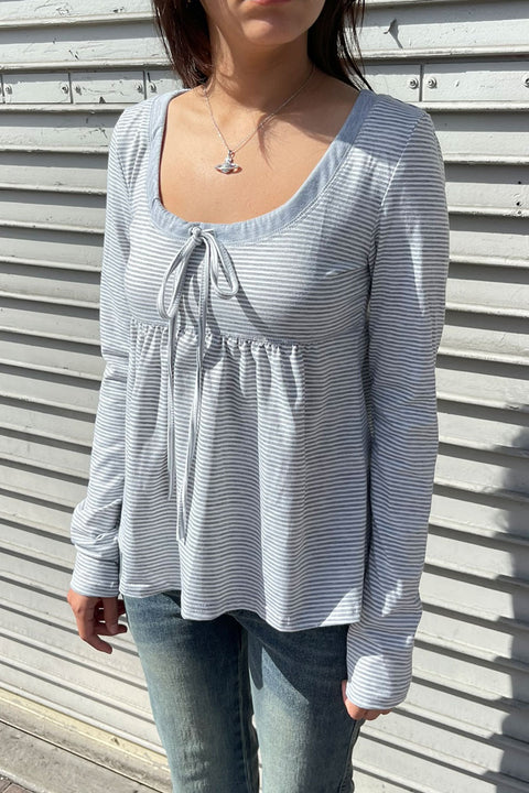 2000s Scoop Neck Long Sleeve Striped Baby Doll Top with Front Tie Strings