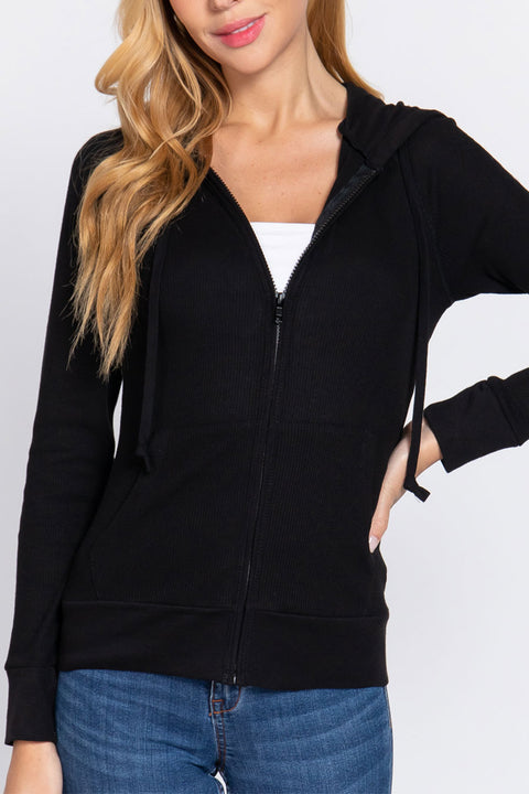 Basic Thermal Zip-Up Hoodie Jacket with Kangaroo Pocket