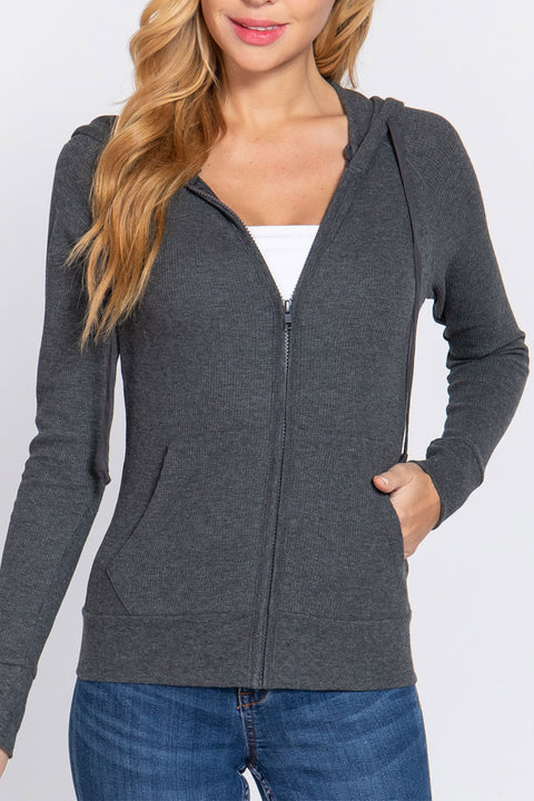 Basic Thermal Zip-Up Hoodie Jacket with Kangaroo Pocket