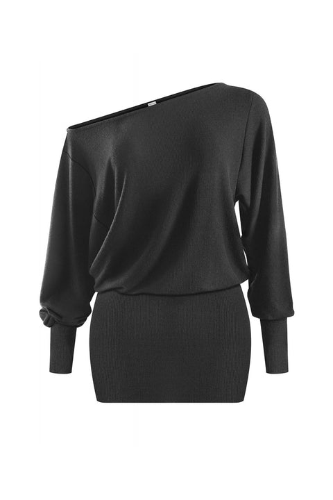 2000s Asymmetrical Off-The-Shoulder Dolman Long Sleeve Mini Dress