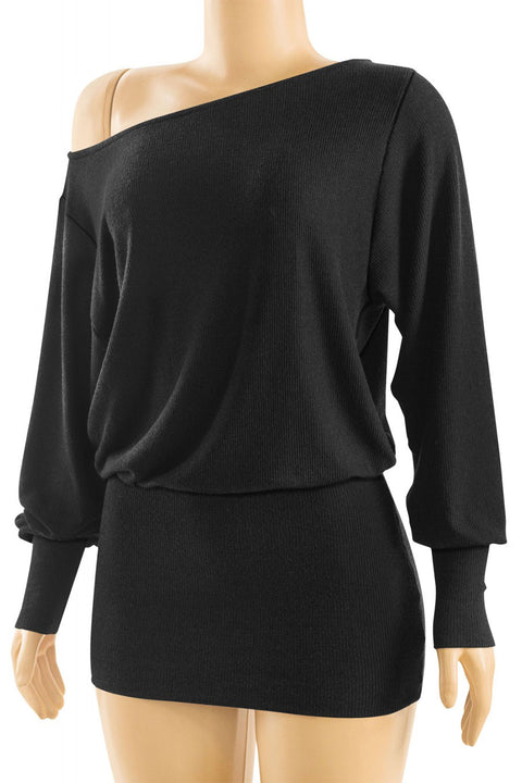 2000s Asymmetrical Off-The-Shoulder Dolman Long Sleeve Mini Dress