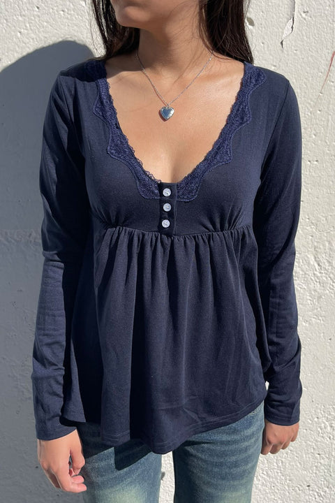 2000s Lace Neck Decorated Button-Down Long Sleeve Baby Doll Top