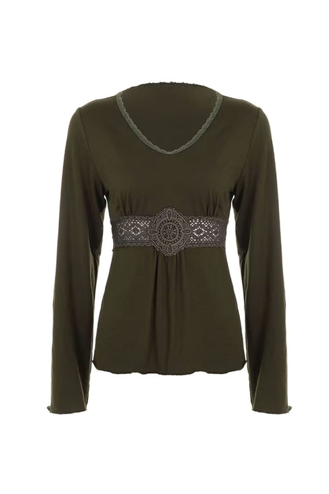 2000s Embroidered Patch Detail Bell Long Sleeve Baby Doll Top