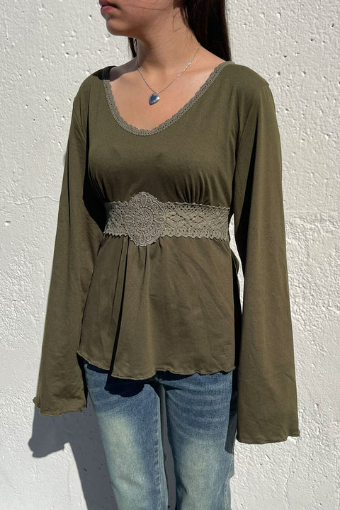 2000s Embroidered Patch Detail Bell Long Sleeve Baby Doll Top
