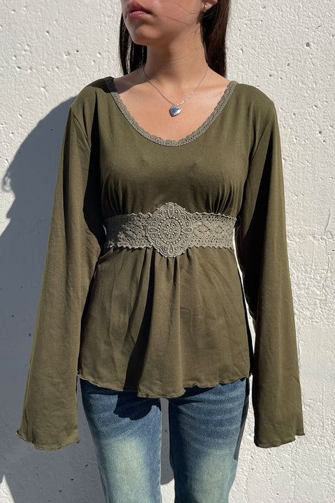 2000s Embroidered Patch Detail Bell Long Sleeve Baby Doll Top