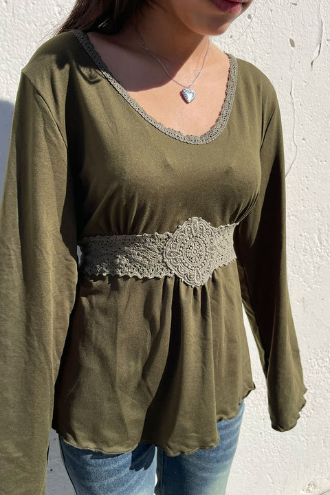 2000s Embroidered Patch Detail Bell Long Sleeve Baby Doll Top