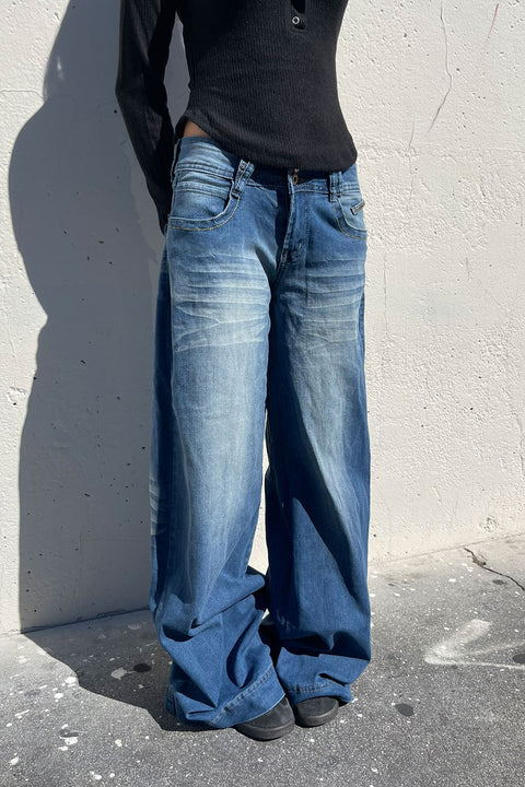 2000s Low-Rise Dual-Button Loose Wide Leg Denim Pants