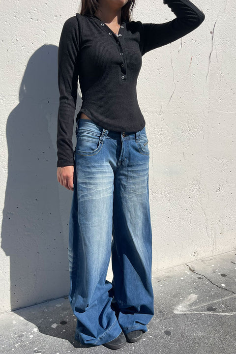 Henley Snap Button Hoodie Brushed Hacci Rib Long Sleeve Top