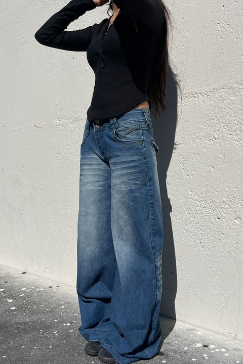 2000s Low-Rise Dual-Button Loose Wide Leg Denim Pants