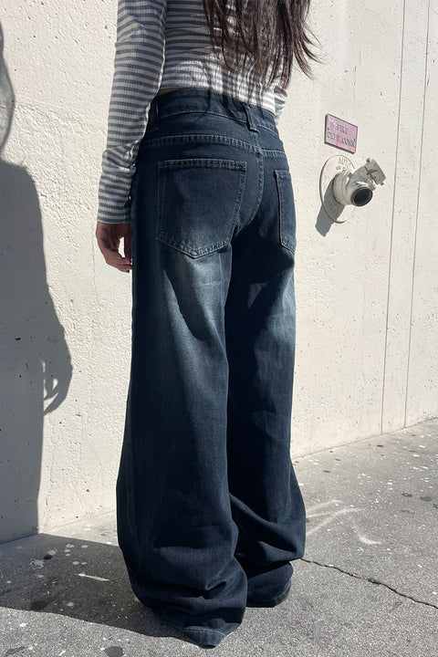 2000s Low-Rise Loose Wide Leg Dark Wash Denim Pants