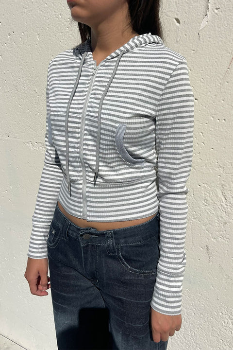 Front-Zip Striped Crop Hoodie