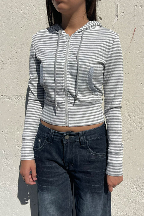 Front-Zip Striped Crop Hoodie