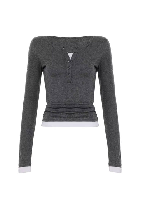 Y2K Faux Layered Long Sleeve Henley Knit Top
