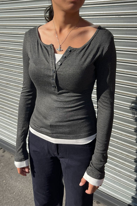 Y2K Faux Layered Long Sleeve Henley Knit Top
