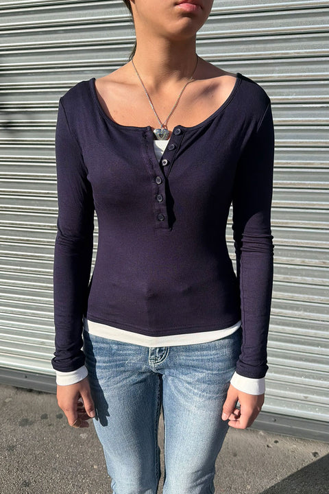 Y2K Faux Layered Long Sleeve Henley Knit Top