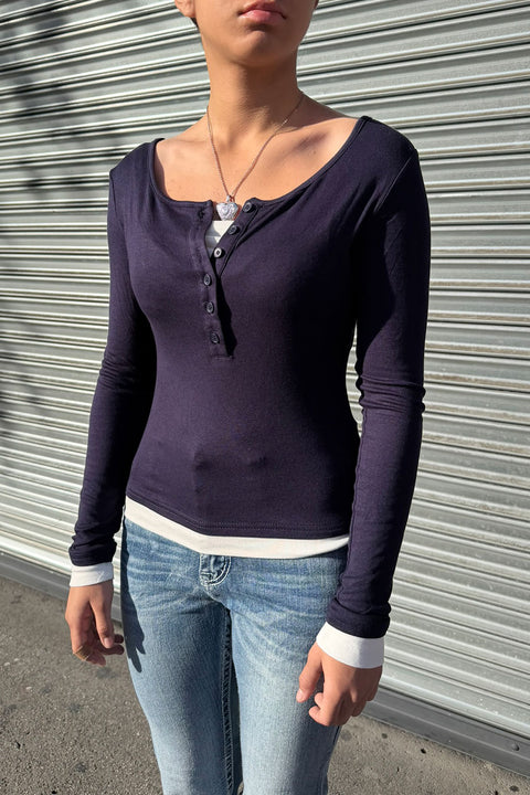 Y2K Faux Layered Long Sleeve Henley Knit Top
