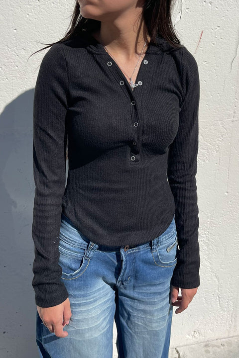 Henley Snap Button Hoodie Brushed Hacci Rib Long Sleeve Top