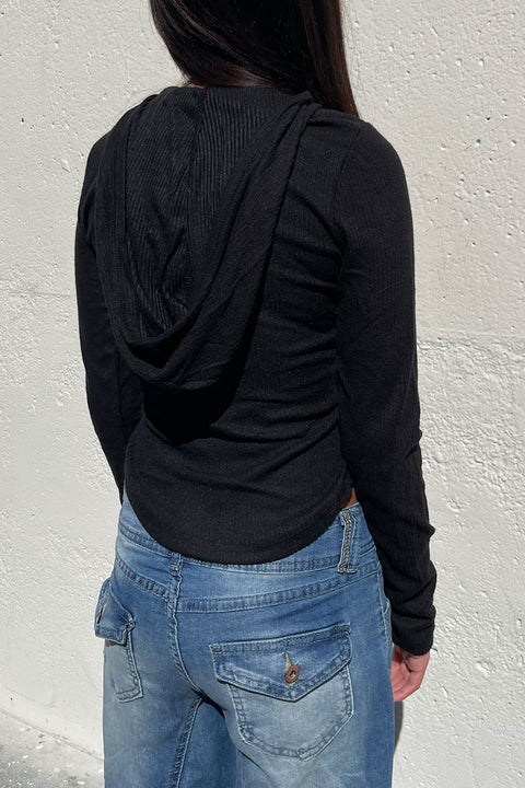 Henley Snap Button Hoodie Brushed Hacci Rib Long Sleeve Top