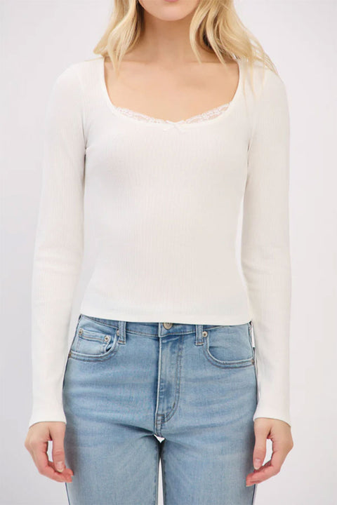 Crew Neck Lace & Bow Detail Long Sleeve Top