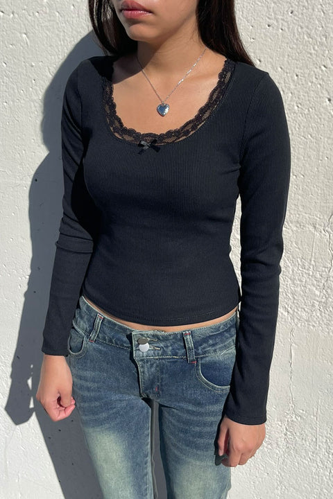 Long Sleeve Scoop Neck Lace Trim With Satin Bow