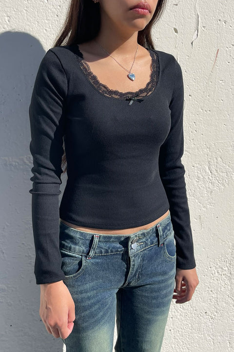 Long Sleeve Scoop Neck Lace Trim With Satin Bow