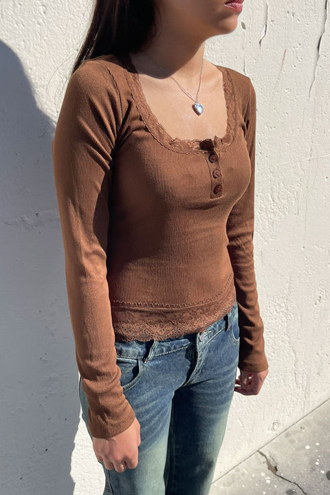 Lace Henley Neck Button Front Rib Knit Top with Lace Hem