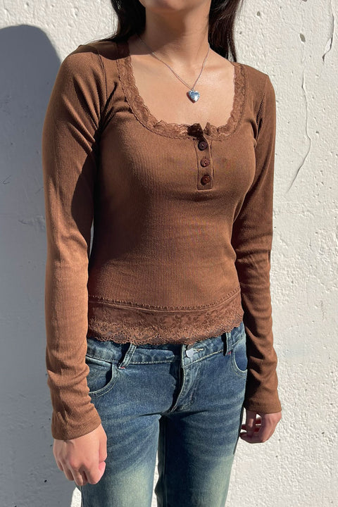 Lace Henley Neck Button Front Rib Knit Top with Lace Hem