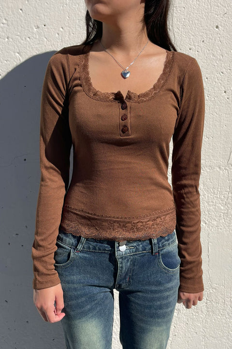 Lace Henley Neck Button Front Rib Knit Top with Lace Hem