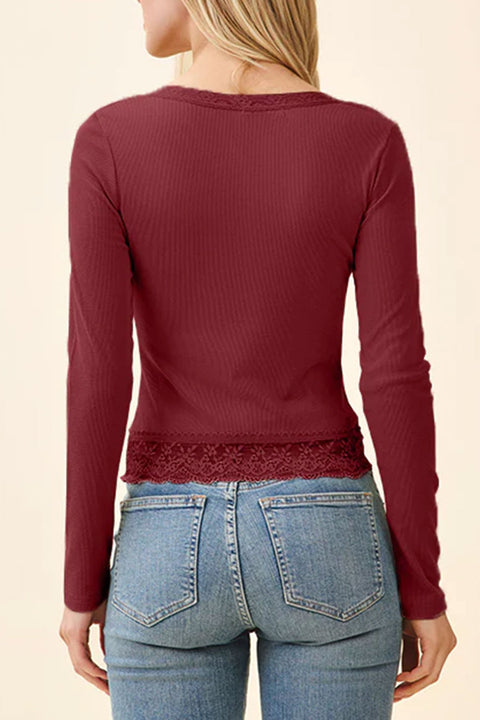 Lace Henley Neck Button Front Rib Knit Top with Lace Hem