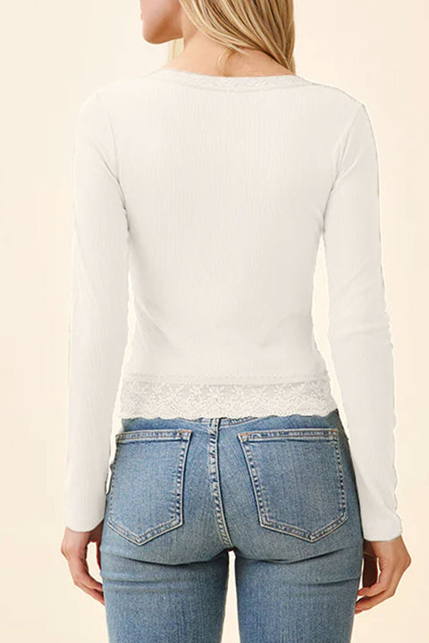 Lace Henley Neck Button Front Rib Knit Top with Lace Hem