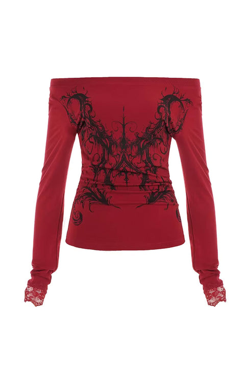 Y2K Grunge Gothic Graphic Print Off-The-Shoulder Long Sleeve Top with Lace Detail