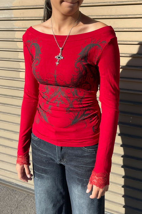 Y2K Grunge Gothic Graphic Print Off-The-Shoulder Long Sleeve Top with Lace Detail