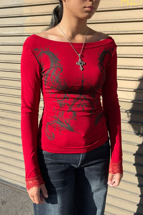 Y2K Grunge Gothic Graphic Print Off-The-Shoulder Long Sleeve Top with Lace Detail