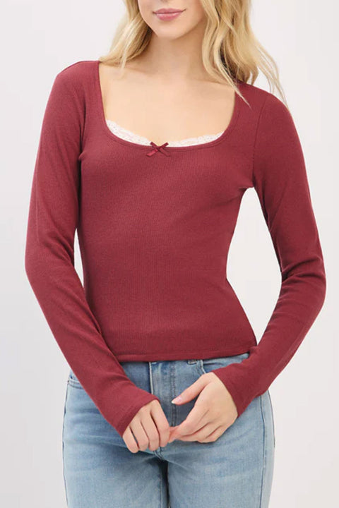 Crew Neck Lace & Bow Detail Long Sleeve Top