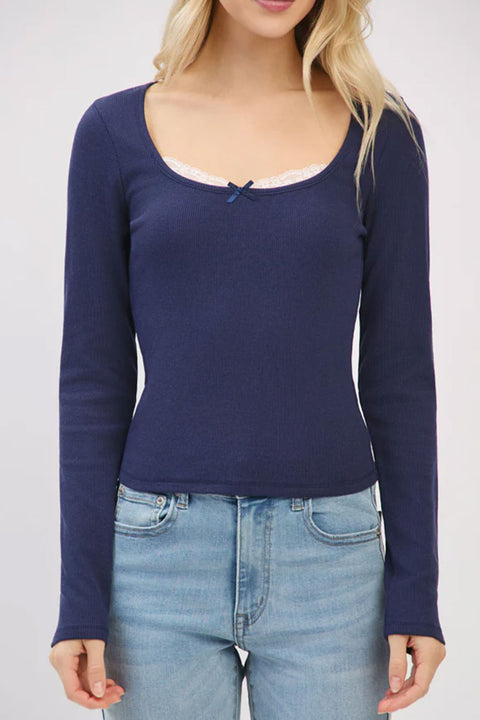 Crew Neck Lace & Bow Detail Long Sleeve Top